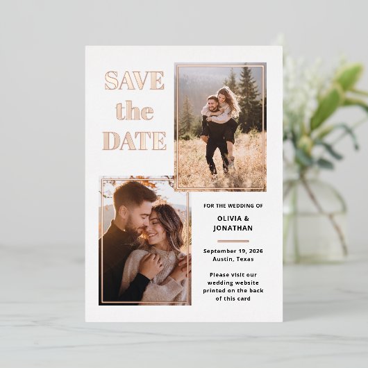 Multi Foto | Wit en Roos Goud Save the Date Folie Uitnodiging (Staand Voorkant)