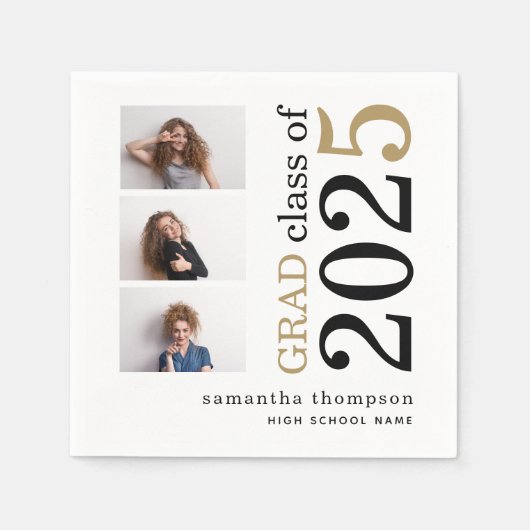 Multi foto Zwart Goud Tekst Wit 2025 Afstuderen Servet (Voorkant)