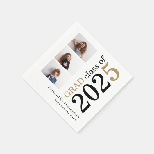 Multi foto Zwart Goud Tekst Wit 2025 Afstuderen Servet (Hoek)
