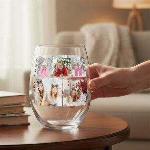 Multi-fotocollage met aangepaste naam wijnglas zonder voet