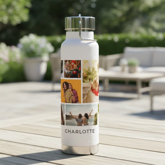 Multi-fotocollage met gepersonaliseerde naam waterfles