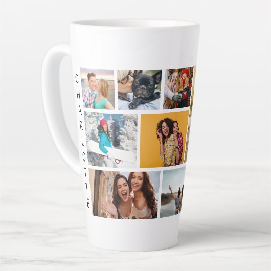 Multi-fotocollage Moderne Gepersonaliseerde Naam Latte Mok (Linkerhoek)