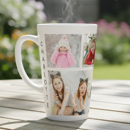 Multi-fotocollage Moderne Gepersonaliseerde Naam Latte Mok