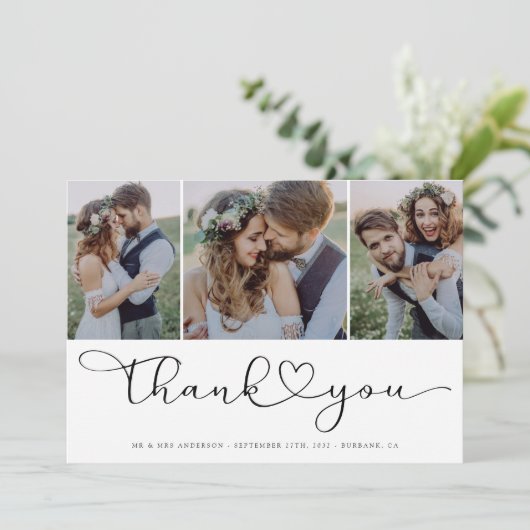 Multi-fotoscript met Heart Weddenfoto Bedankkaart (Staand voorkant)