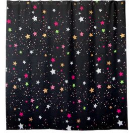 Multi gekleurde klassieke kerststerren op zwart douchegordijn