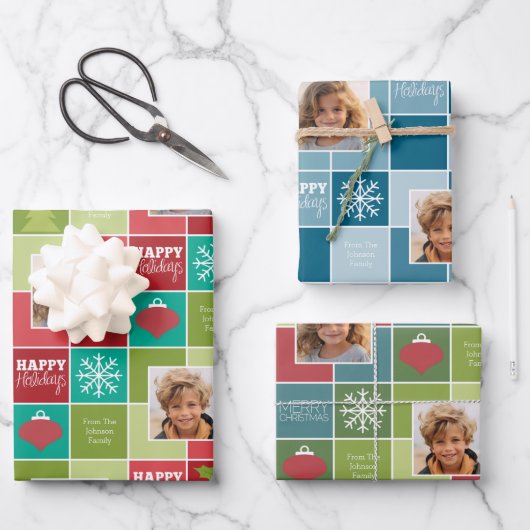 Multi Kleur Blok Kerst 2 Foto Whimsical Inpakpapier Vel (Voorkant)