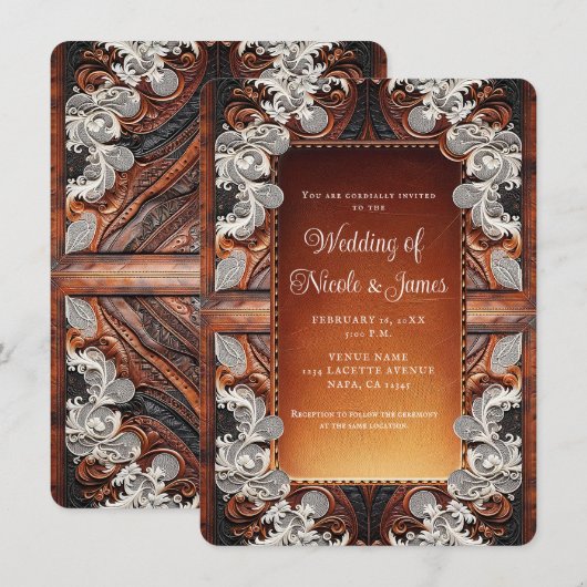 Multi Kleur Leer & Kant Look Rustieke Bruiloft Kaart (Voorkant / Achterkant)