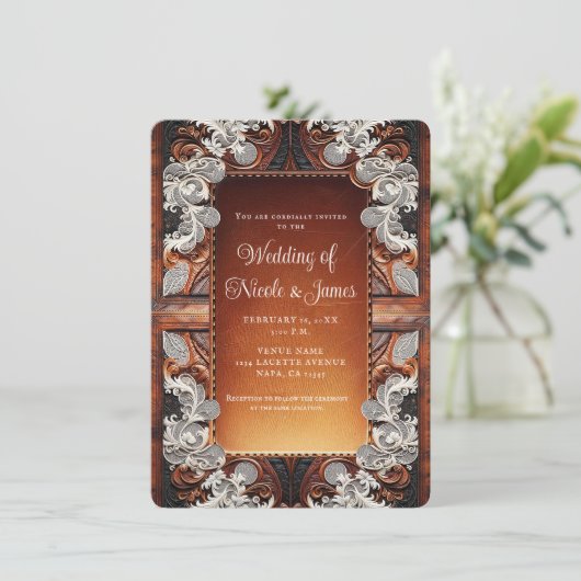 Multi Kleur Leer & Kant Look Rustieke Bruiloft Kaart (Staand voorkant)