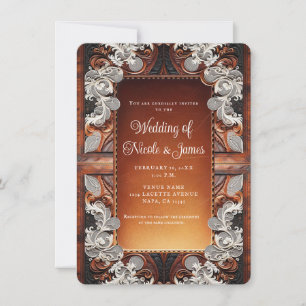 Multi Kleur Leer & Kant Look Rustieke Bruiloft Kaart