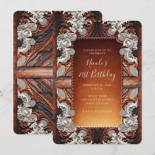 Multi Kleur Leer & Kant Look Rustieke Verjaardag Kaart (Voorkant / Achterkant)