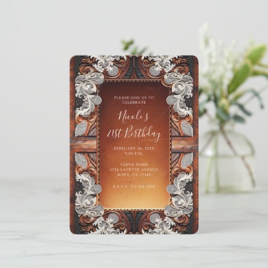 Multi Kleur Leer & Kant Look Rustieke Verjaardag Kaart (Staand voorkant)