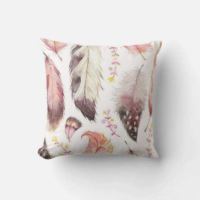 Multi-kleur roze/mauve boho veer gedrukte kussen (Voorkant)