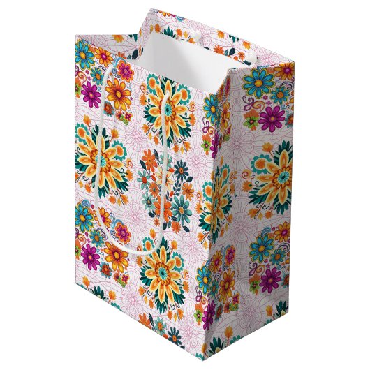 Multi-kleuren bloempotten patroon - roze medium cadeauzakje (Voorkant Gekanteld)