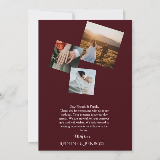 Multi photo Burgundy Wedding   Flat Thank You Card Bedankkaart (Achterkant)