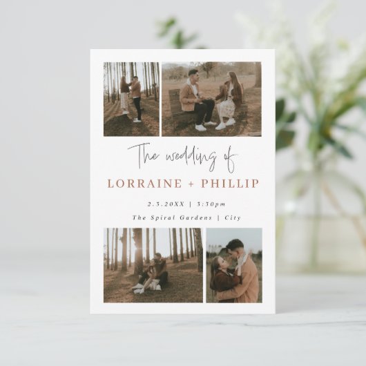 Multi Photo Collage QR-code Minimalistische bruilo Kaart (Staand voorkant)
