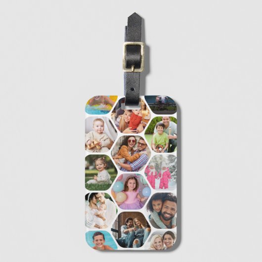 Multi Photo Collage Simple Moderne Hexagon Pattern Bagagelabel (Voorkant (verticaal))