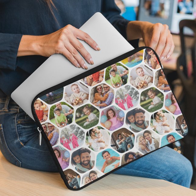 Multi Photo Collage Simple Moderne Hexagon Pattern Laptop Sleeve (Creator heeft geüpload)