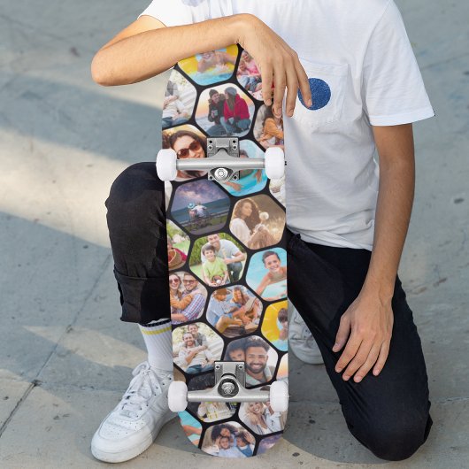 Multi Photo Collage Simple Moderne Hexagon Pattern Persoonlijk Skateboard