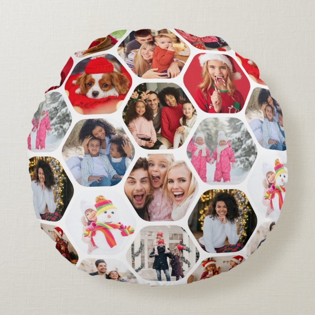 Multi Photo Collage Simple Moderne Hexagon Pattern Rond Kussen (Voorkant)