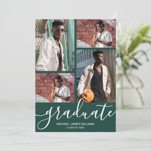 Multi Photo Donkergroen Afstuderen Aankondiging (Staand voorkant)