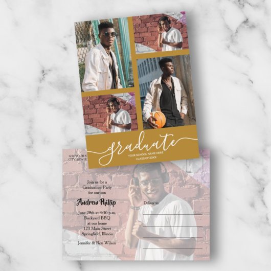 Multi Photo Gold Graduation Party Uitnodiging