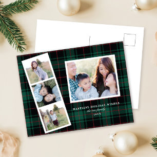 Multi-Photo Green Black Tartan Pset Holiday Card Feestdagenkaart