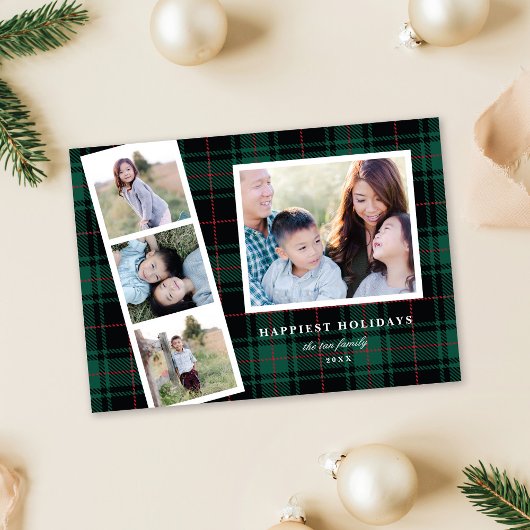 Multi-Photo Green Black Tartan Pset Holiday Card Feestdagenkaart