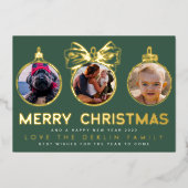 Multi-Photo Green Gold Merry-Kerstfeest Folie Feestdagenkaart (Voorkant)