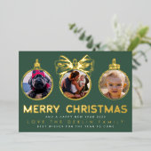 Multi-Photo Green Gold Merry-Kerstfeest Folie Feestdagenkaart (Staand Voorkant)
