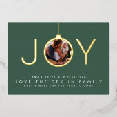 Multi Photo Green Leaf Merry KerstGold JOY Folie Feestdagenkaart (Voorkant)