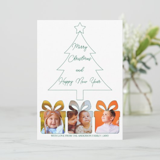 Multi Photo Green Unique Modern Merry Christmas Feestdagenkaart (Staand voorkant)