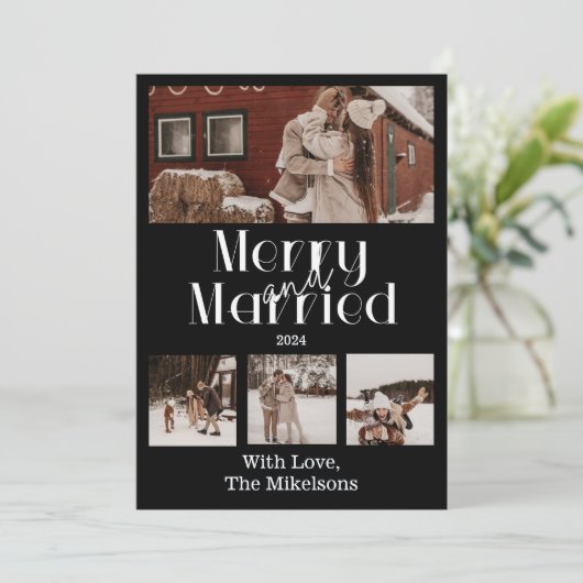 Multi Photo Minimalist Vrolijk en getrouwd Feestdagenkaart (Staand voorkant)