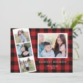 Multi-Photo Red Black Buffalo Pset Holiday Card Feestdagenkaart (Staand voorkant)