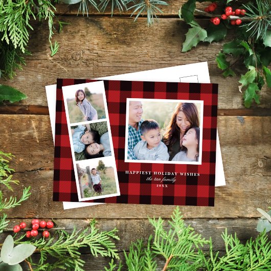 Multi-Photo Red Black Buffalo Pset Holiday Card Feestdagenkaart