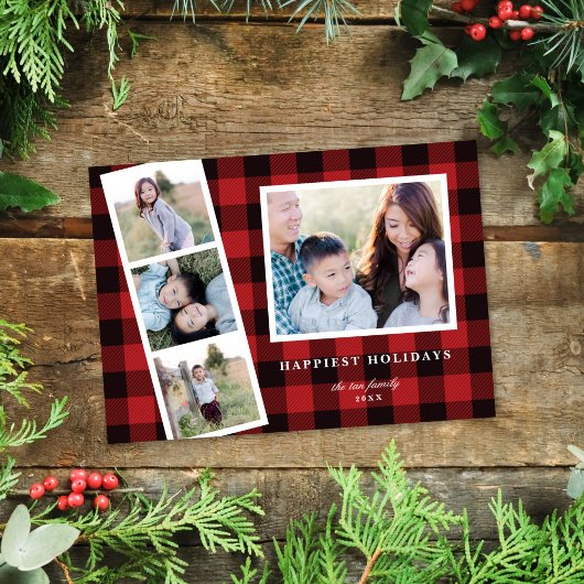 Multi-Photo Red Black Buffalo Pset Holiday Card Feestdagenkaart