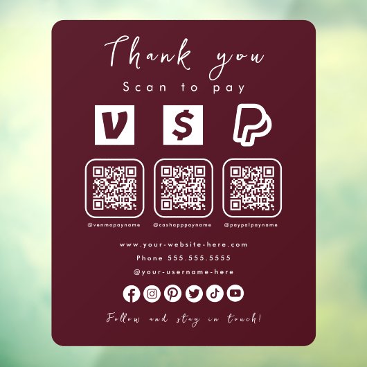 Multi QR Code Paypal Venmo Cash App Bourgogne Raamsticker (Vel 3)