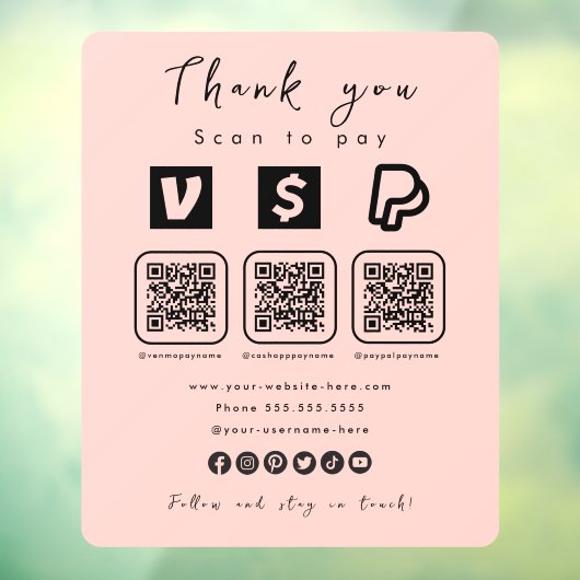 Multi QR Code Paypal Venmo Cash App Modern Roze Raamsticker (Vel 3)