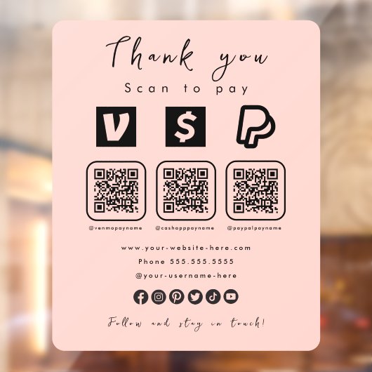 Multi QR Code Paypal Venmo Cash App Modern Roze Raamsticker (Vel 2)