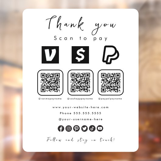 Multi QR Code Paypal Venmo Cash App Modern Wit Raamsticker (Vel 2)