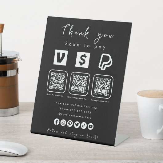 Multi QR Code Paypal Venmo Cash App Zwart Reclamebord Met Voetstuk (Insitu)