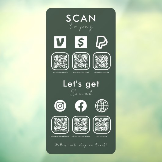 Multi QR Code Scan te betalen Social Media Donker  Raamsticker (Vel 3)