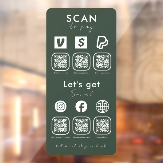 Multi QR Code Scan te betalen Social Media Donker Raamsticker (Vel 2)