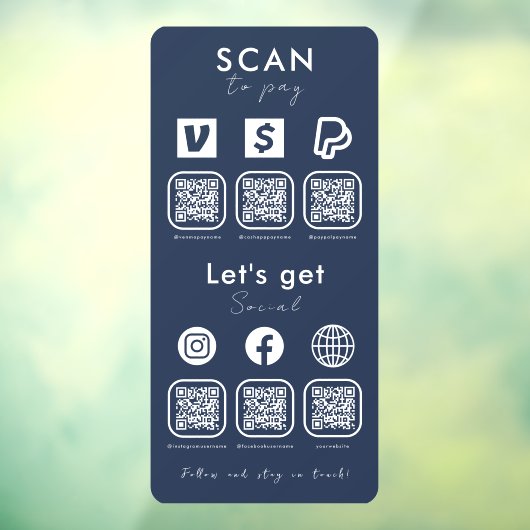 Multi QR Code Scan te betalen Social Media Navy Bl Raamsticker (Vel 3)