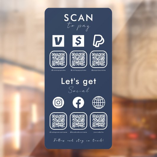 Multi QR Code Scan te betalen Social Media Navy Bl Raamsticker (Vel 2)