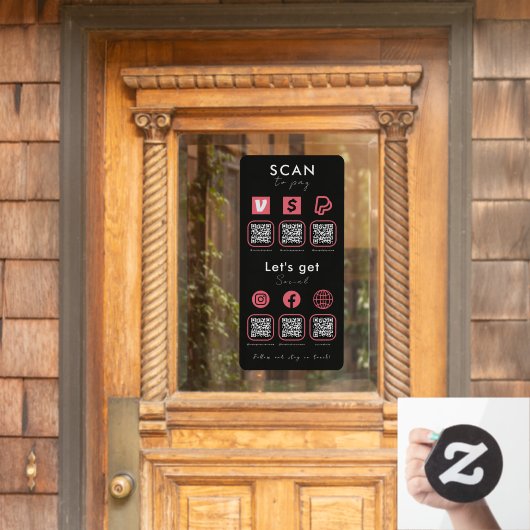 Multi QR Code Scan te betalen Social Media Zwart R Raamsticker (Huis Deur)
