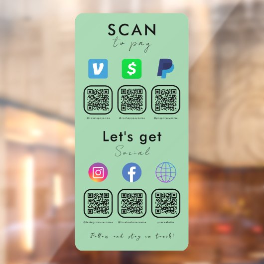 Multi QR Code Social Media Scan te betalen Mint Gr Raamsticker (Vel 2)