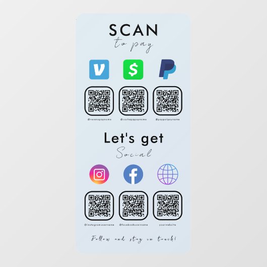Multi QR Code Social Media Scan te betalen Zachte  Raamsticker (Vel)