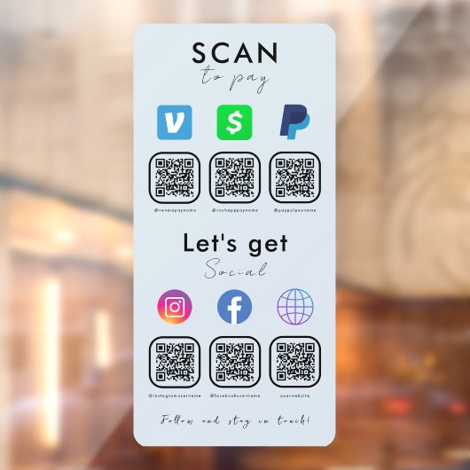 Multi QR Code Social Media Scan te betalen Zachte Raamsticker (Vel 2)