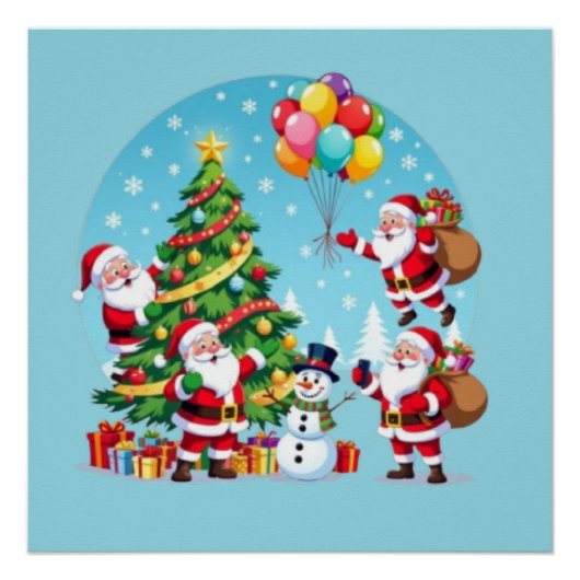 **“Multi-Santa Christmas Fun – 3D Cartoon Transpar Perfect Poster (Voorkant)