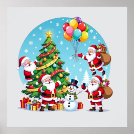 **“Multi-Santa Christmas Fun – 3D Cartoon Transpar Poster (Voorkant)